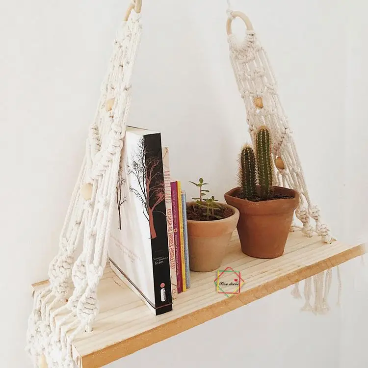 wholesale home decoration woven macrame plant hanger rope  pot hanging holder with wooden shelf wall hanging decor