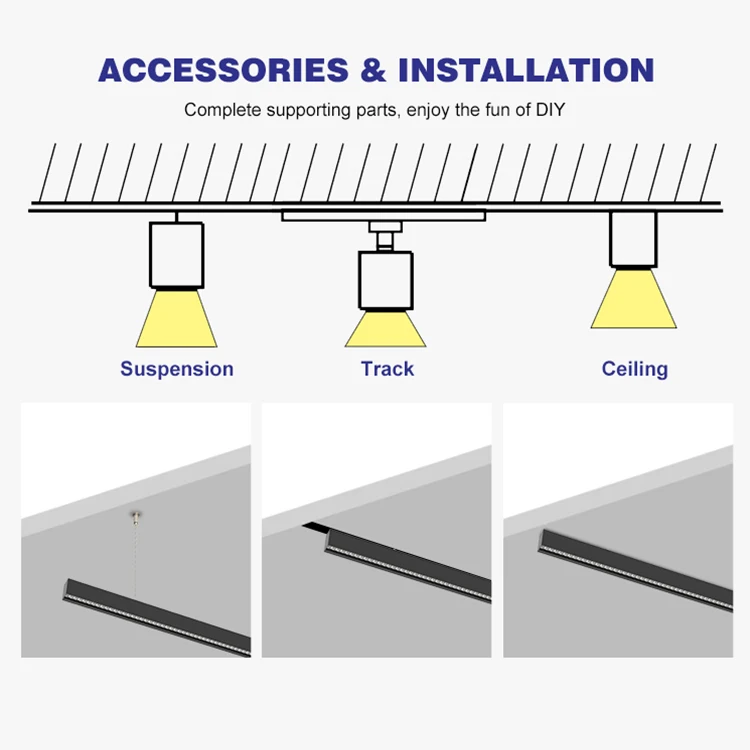 DIY Shape Aluminum PMMA Lens Ceiling Track Suspension 40 50 60 Watt Commercial Linear Led Pendant Light