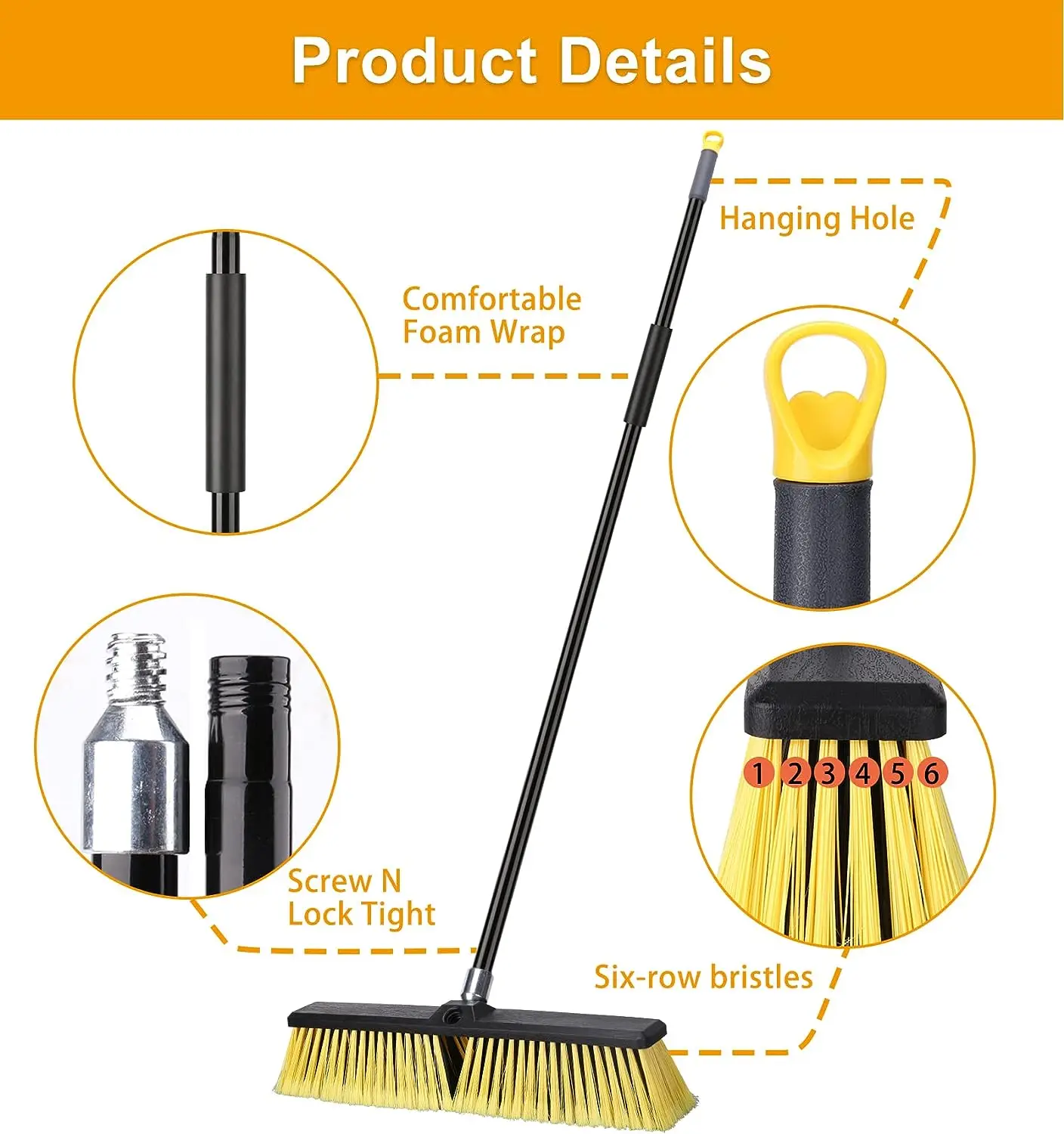18 Inches Push Broom Outdoor- Heavy Duty Broom with  Long Handle for Deck Driveway Garage Yard Patio Concrete Floor Cleaning