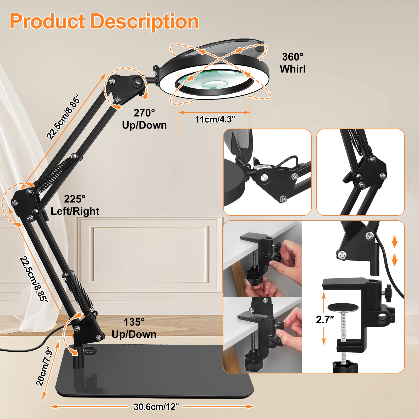 5X/10X Folding Magnifying Glass Lamp with 3 Color Adjust LED Lights/Dust Cover Table Lamp for Welding Repair Reading Close Work