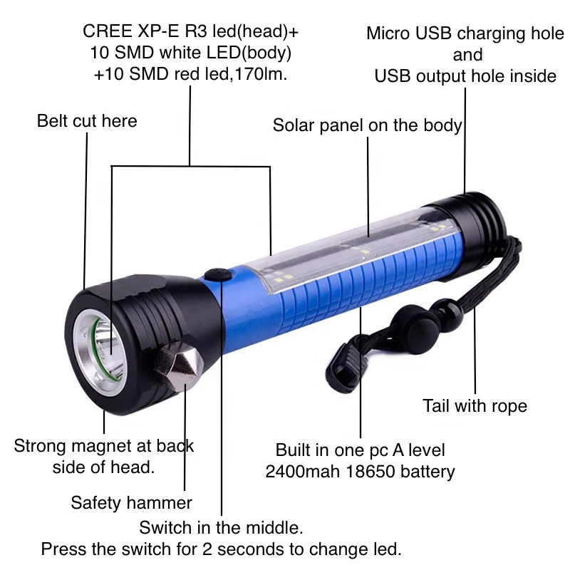 Multifunction Car Emergency Rescue Flashlight Hammer Belt Cutter