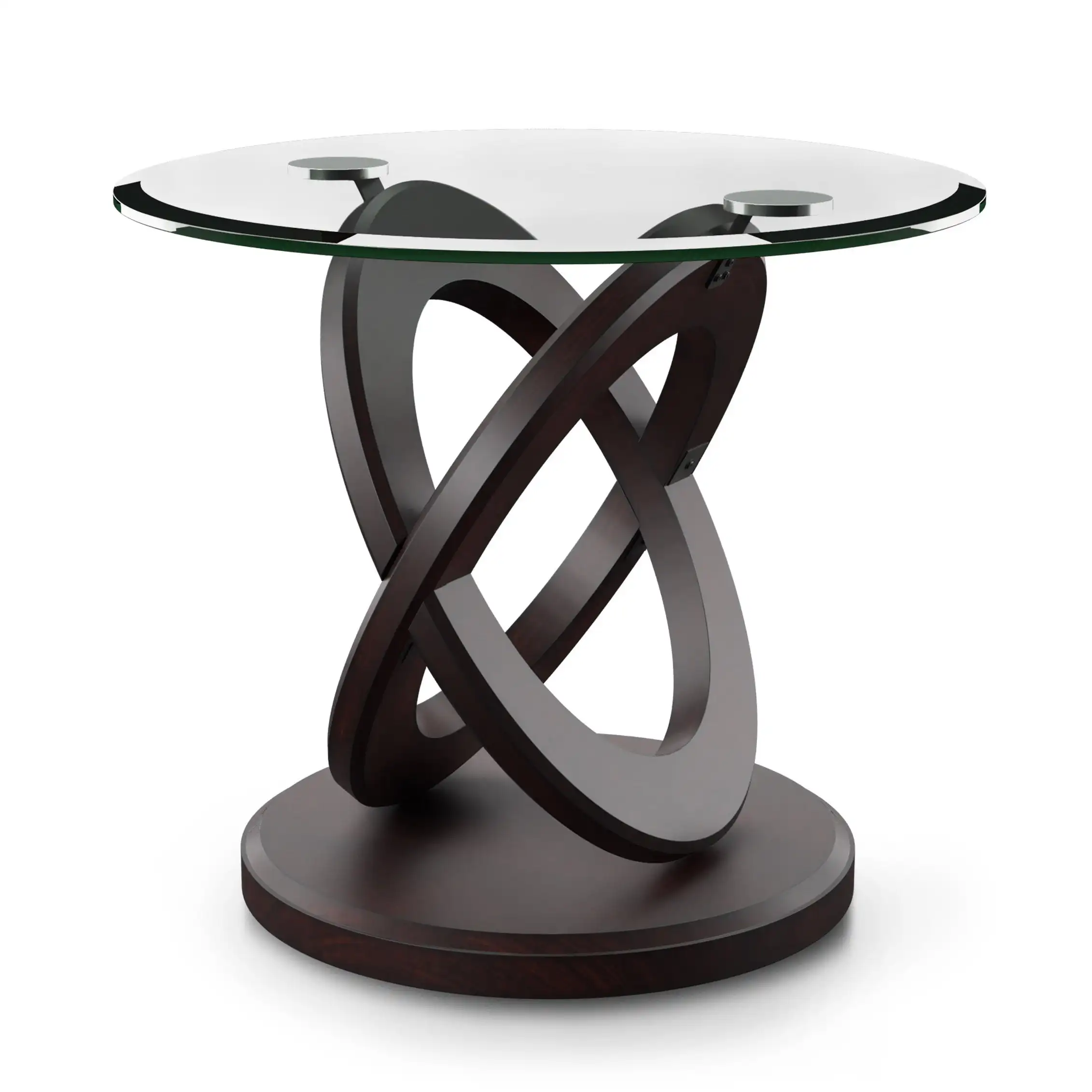 A contemporary Chinese side table with brown crossed oval wooden legs fits any balcony or living room space