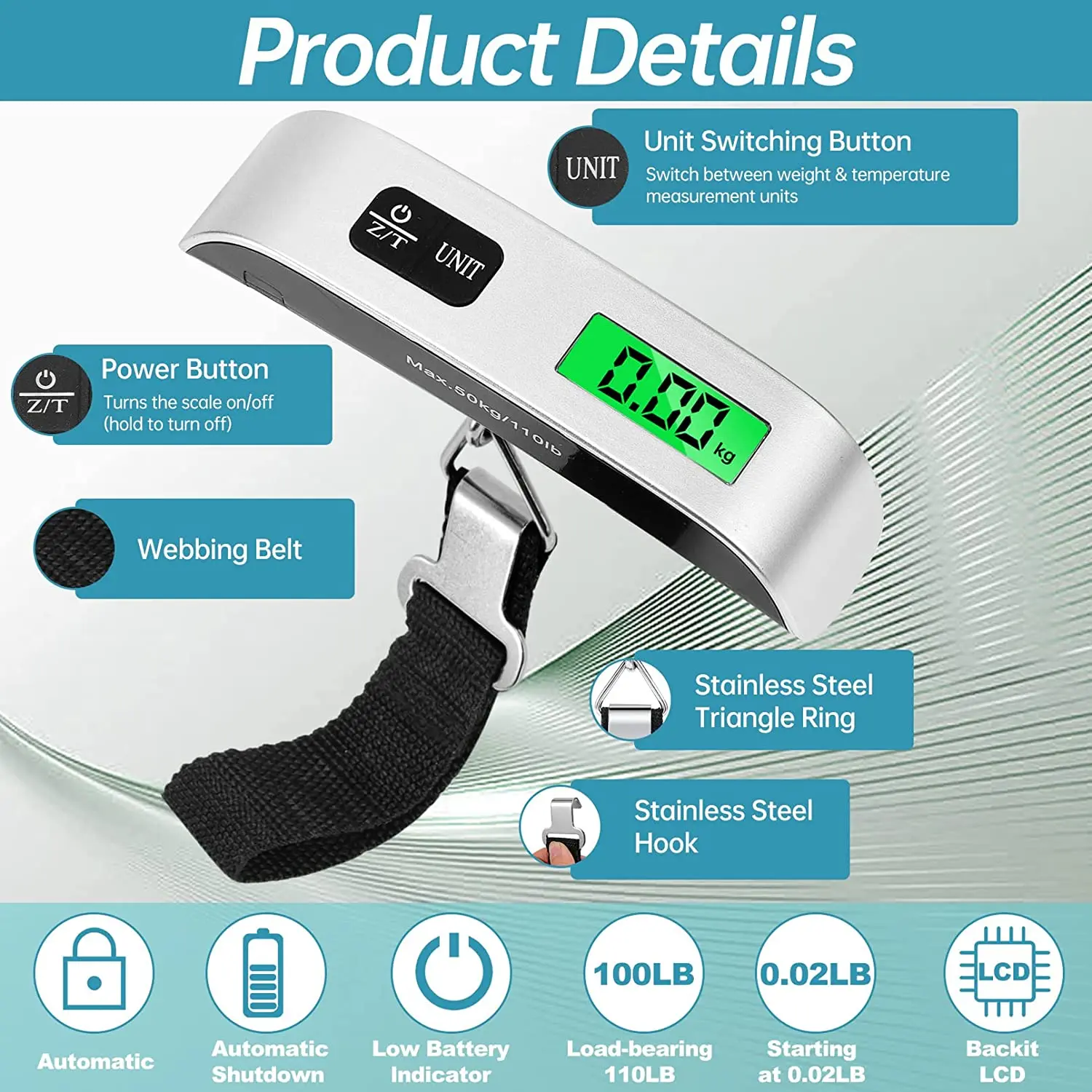 Portable 50kg Smart Luggage Scales Hand Scales with Hook and Belt T Shape Scale for Travel