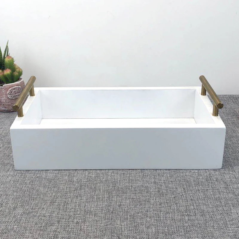 Nordic Square White Serving Tray Home Decorative Coffee Ottoman Table Tray With Metal Handle Serving Tray Wooden