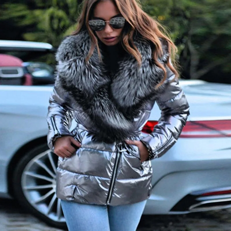 Wholesale New Fashion Women Girls Turn-Down  Big Fur Collar Design Warm  Plus Size Zipper Belt Winter Padded Coat women