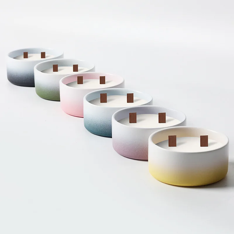 Custom Logo Size Nordic 2 Wicks Gradient Color Matte Ceramic Empty Candle Making Container Vessels Jar