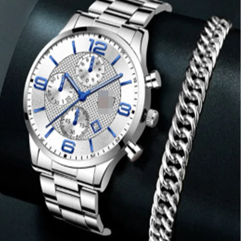 Business Trend Fashion Round Large dial Three eyes Calendar Quartz Watch + Bracelet (2pcs/set)