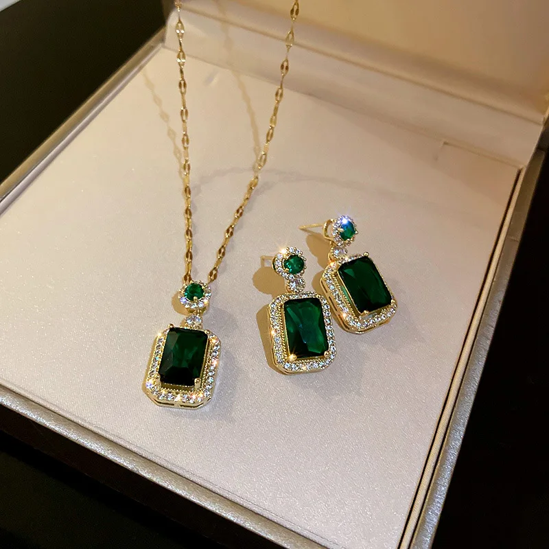 Green Jewelry Set Vintage Stud Clavicle Chain Gemstones Geometric Christmas Gift Fashion Jewelry Sets Earrings Necklace Set