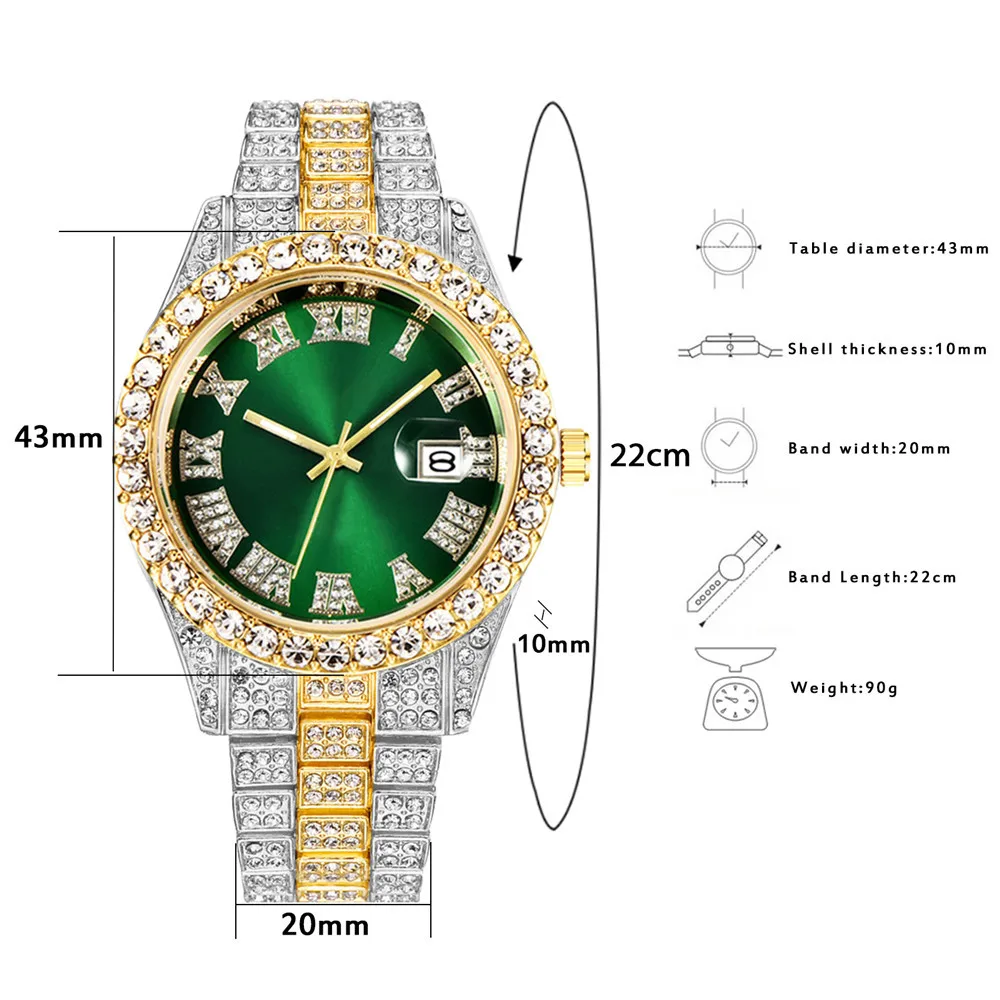New Hip Hop Roman Numeral Watch Full Diamond Gold Plated Wrist Men Crystal Luxury Quartz Watches