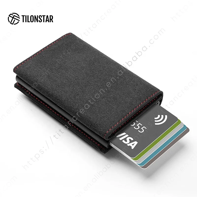 TILONSTAR TVC203a Portable Smart Aluminum RFID/NFC Blocking Card Holder Pop Up Wallet Suede Leather Card Holder