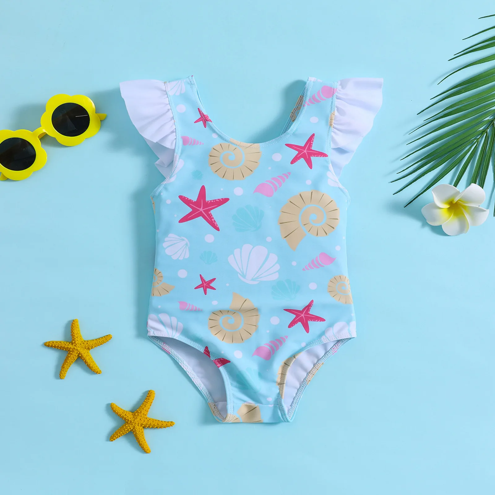 Wholesale Summer Girls Lotus Bow Small Flying Sleeves One-Piece Starfish Shell Printed Toddler Baby Swimsuit Beach Bathing Suit