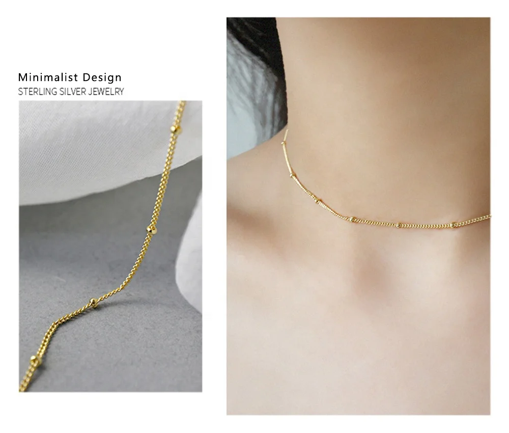 Minimalist S925 Sterling Silver Choker Necklace Jewelry 18K PVD White Gold Plated Bead Chain Necklace