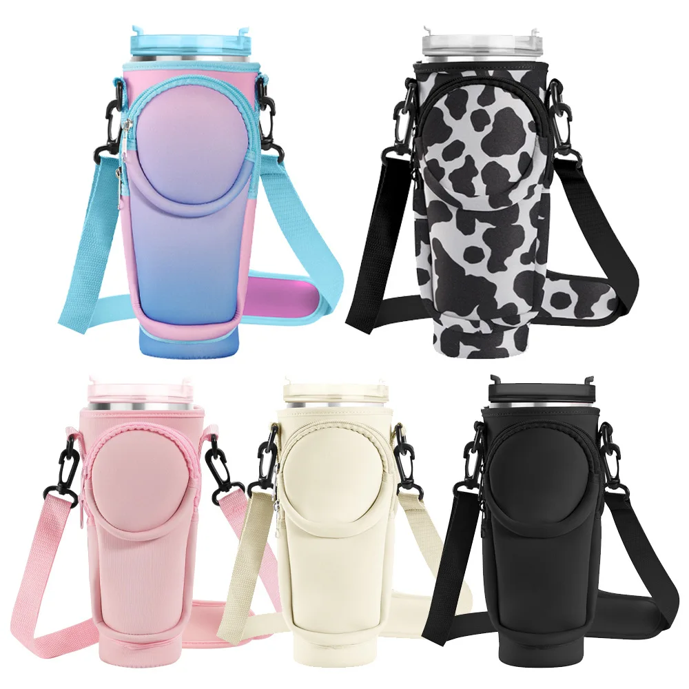 Wholesale Neoprene Water Bottle Insulated Sleeve Adjustable Shoulder Strap 40oz Tumbler Mugs Holder Bag with Zipper Phone pocket