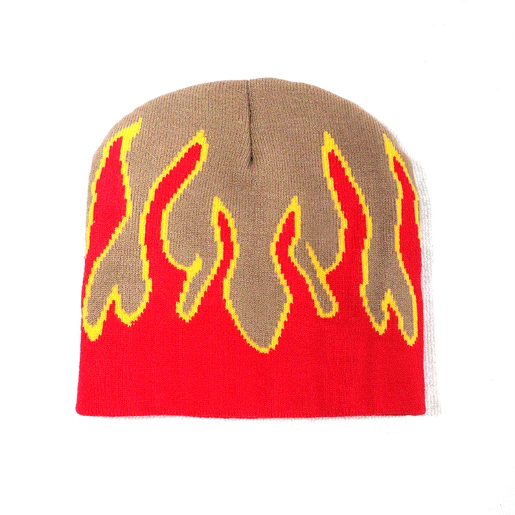 Wholesale Unisex Flame All Over Printed Knitted Bean Hat Cap Custom Logo Y2K Acrylic Jacquard Beanie Hats