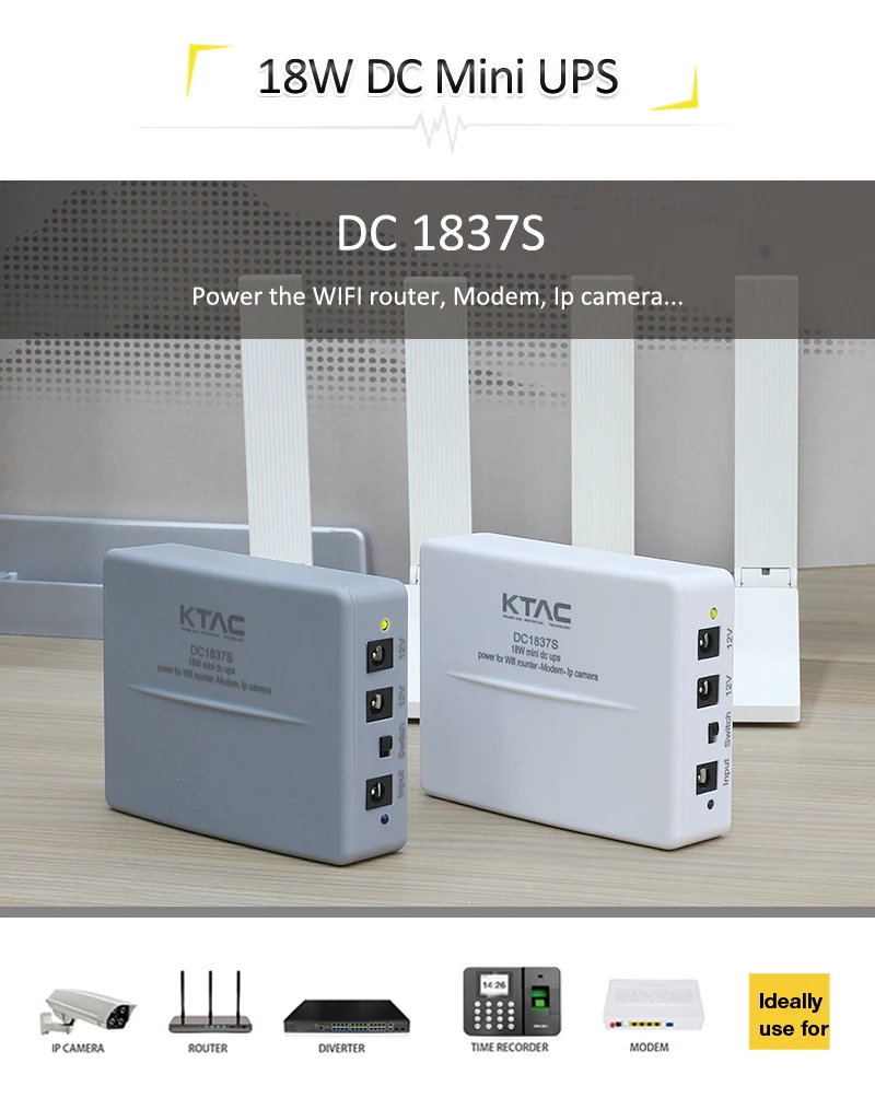 KTAC 12V mini DC UPS DC1837S with 18650 lithium battery backup for WIFI router modem ups power supply