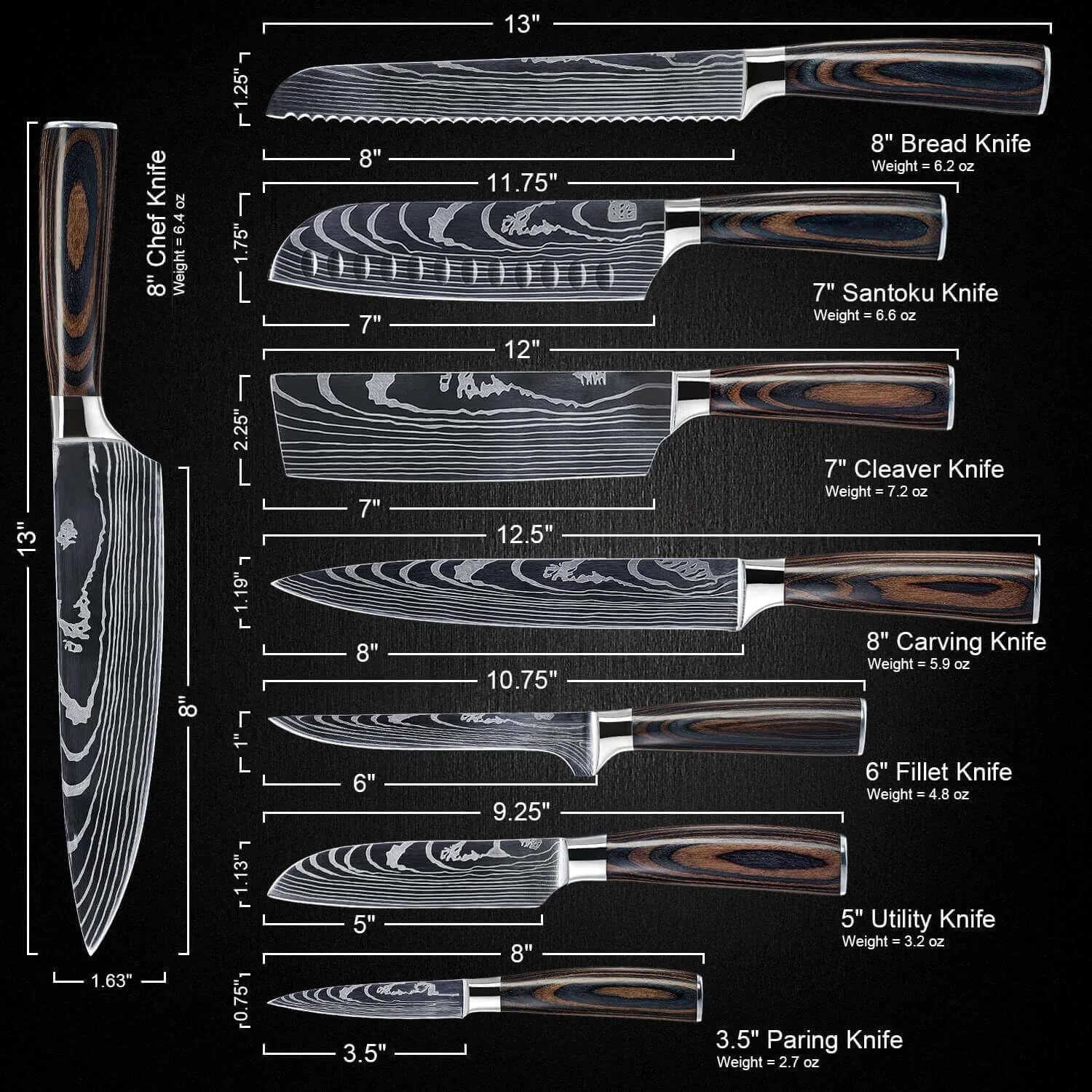 10pcs Professional High carbon Damascus Pattern Stainless Steel Japanese Kitchen Knife Set