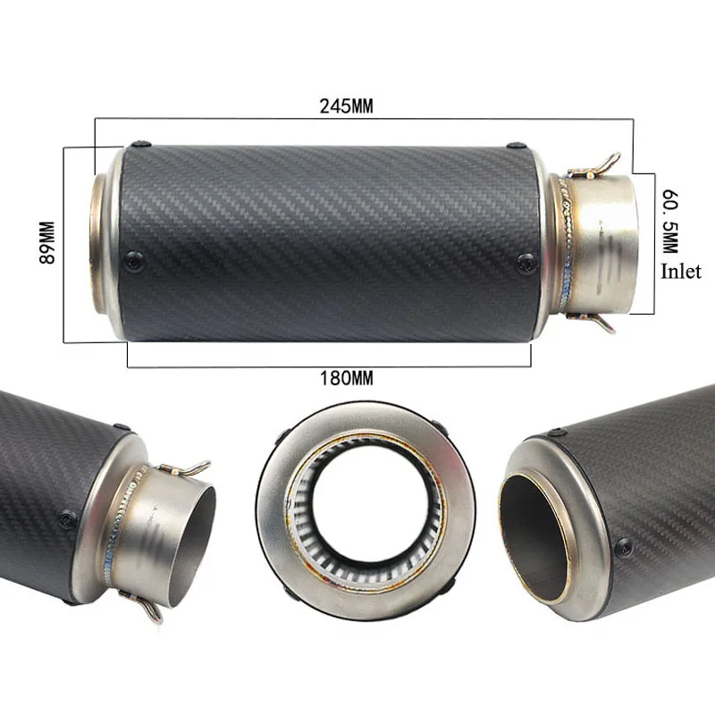 
60mm Inlet Motorcycle Exhaust Muffler Carbon Fiber Stainless Steel Pipe 