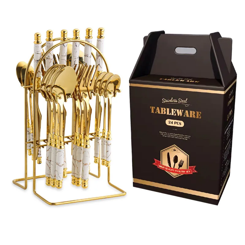 High Quality Ceramic Handle Silverware Spoon Fork And Knife Cutlery Set 24pcs Stainless Steel with Stand