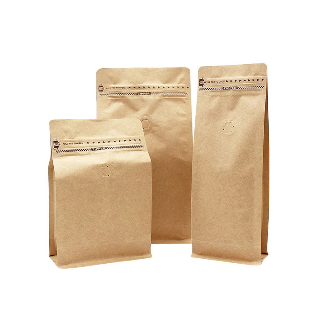 Top Zipper Heat Seal Food Storage Flat Bottom Coffee Bean Kraft Packaging Bags With Valve