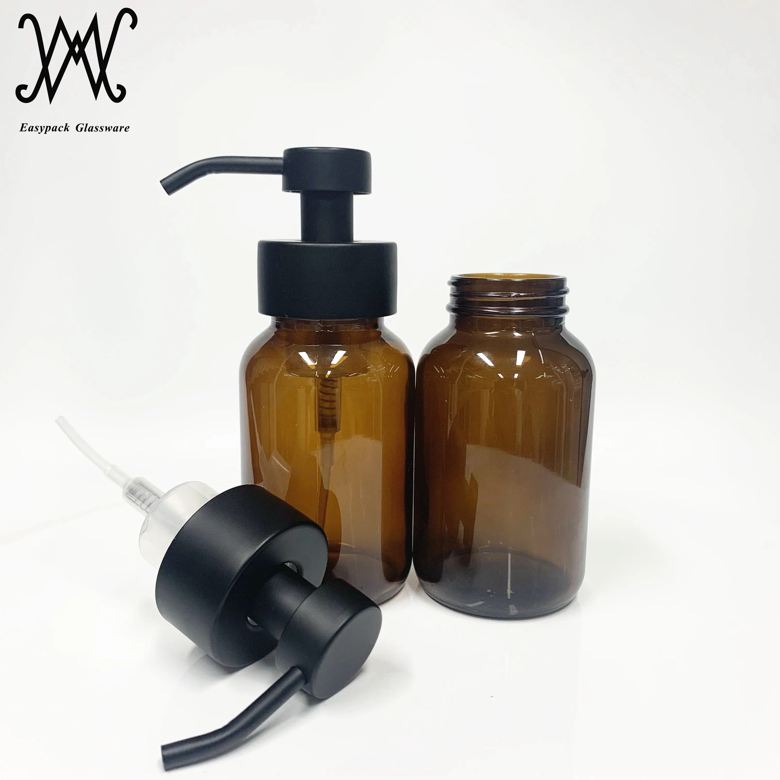 
250ml wide mouth amber glass bottle with matte black stainless steel hand soap dispenser pump 