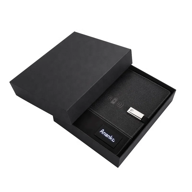 
2021 New design custom LED light logo A5 size 8000mah wireless charger power bank diary notebook with USB 