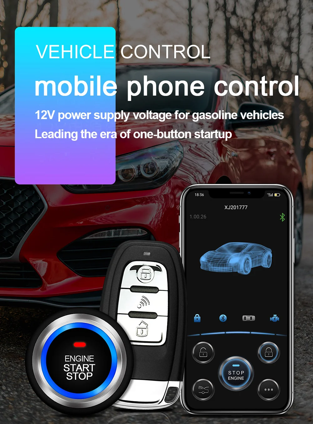 Universal12v car one-click start modification mobile phone control car keyless entry remote control one-way anti-theft device