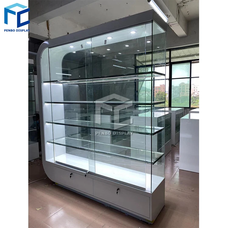 Retail Tempered Glass Display Cabinet Wall Unit Display Showcase With LED Light Smoke Shop Display Showcase