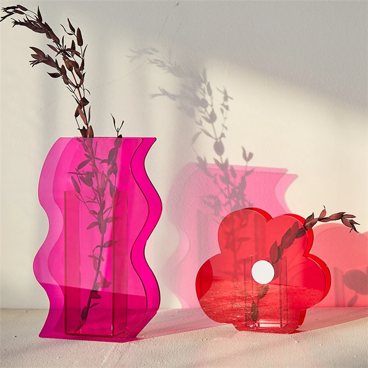 Pink Color Clear Acrylic Flower Vase Desktop Simple Design Creative High Fashion Flower Arrangement Holder For House Accessories