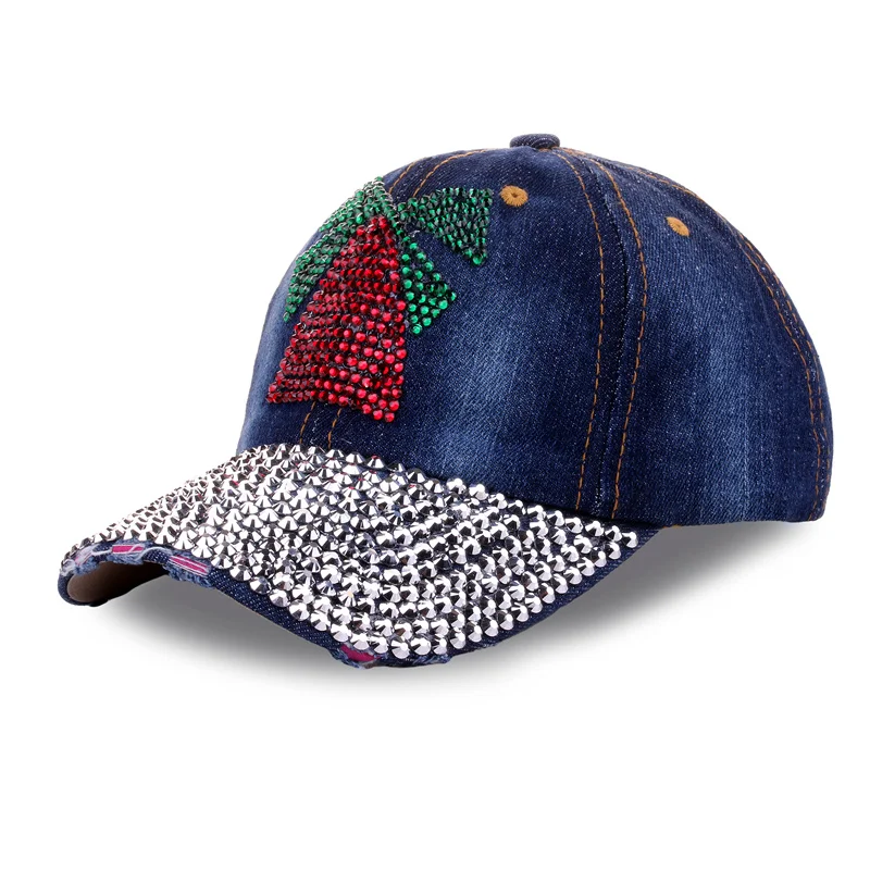 Custom bling stone logo multi color 6 panel distressed denim baseball cap Custom rhinestone hat Christmas hat