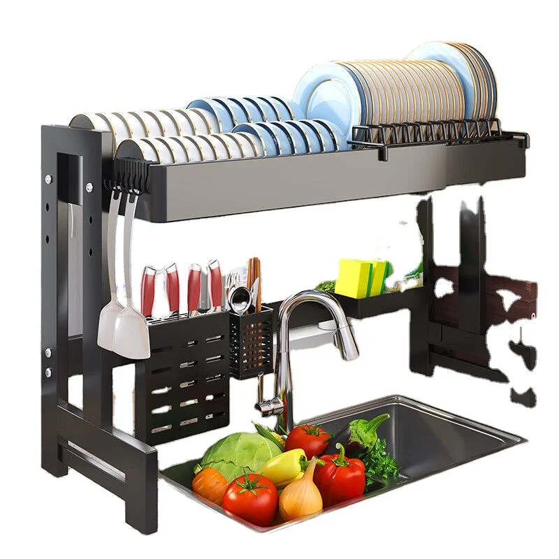 Adjustable 1or2 Tier Kitchen sink shelving Bowl Tray storage rack Multifunctional dish drain rack  Carbon Steel storage Racks