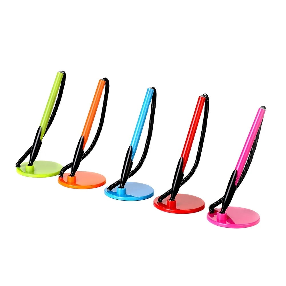 Promotional plastic slogan signing gel desk pen with chain desk stand plastic desk pen table pen with meta