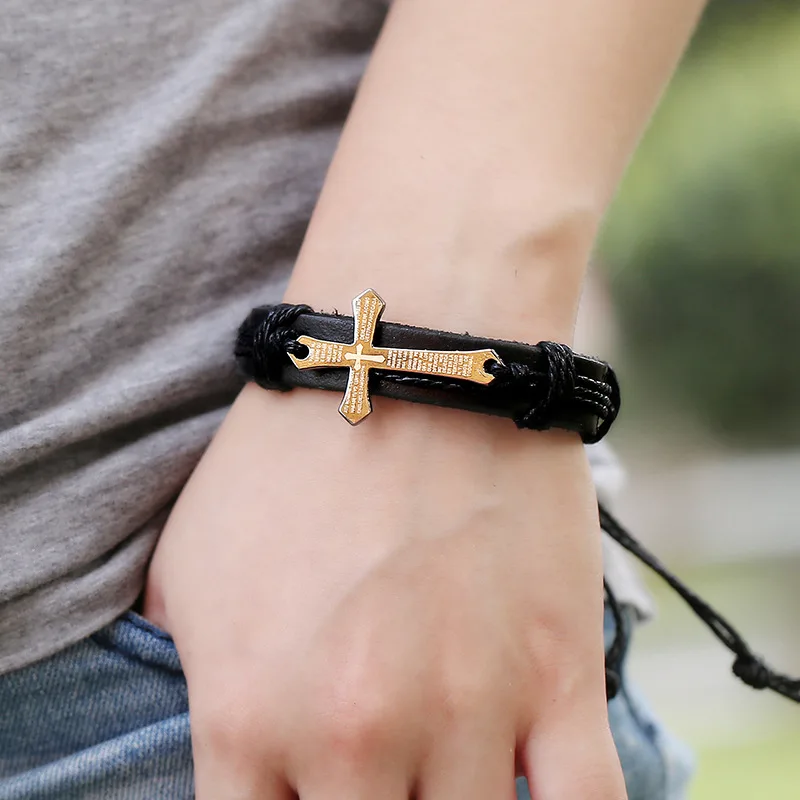 Spanish language Catholic religious cross charms christian woven leather bracelet for men