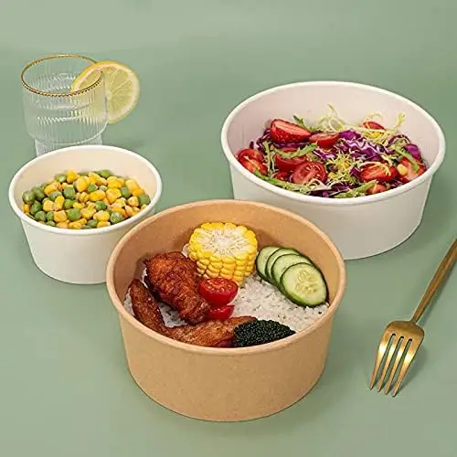Disposable Custom Logo Round Kraft Paper Fruit Salad Bowls Takeaway Soup Noodle Fast Food Container