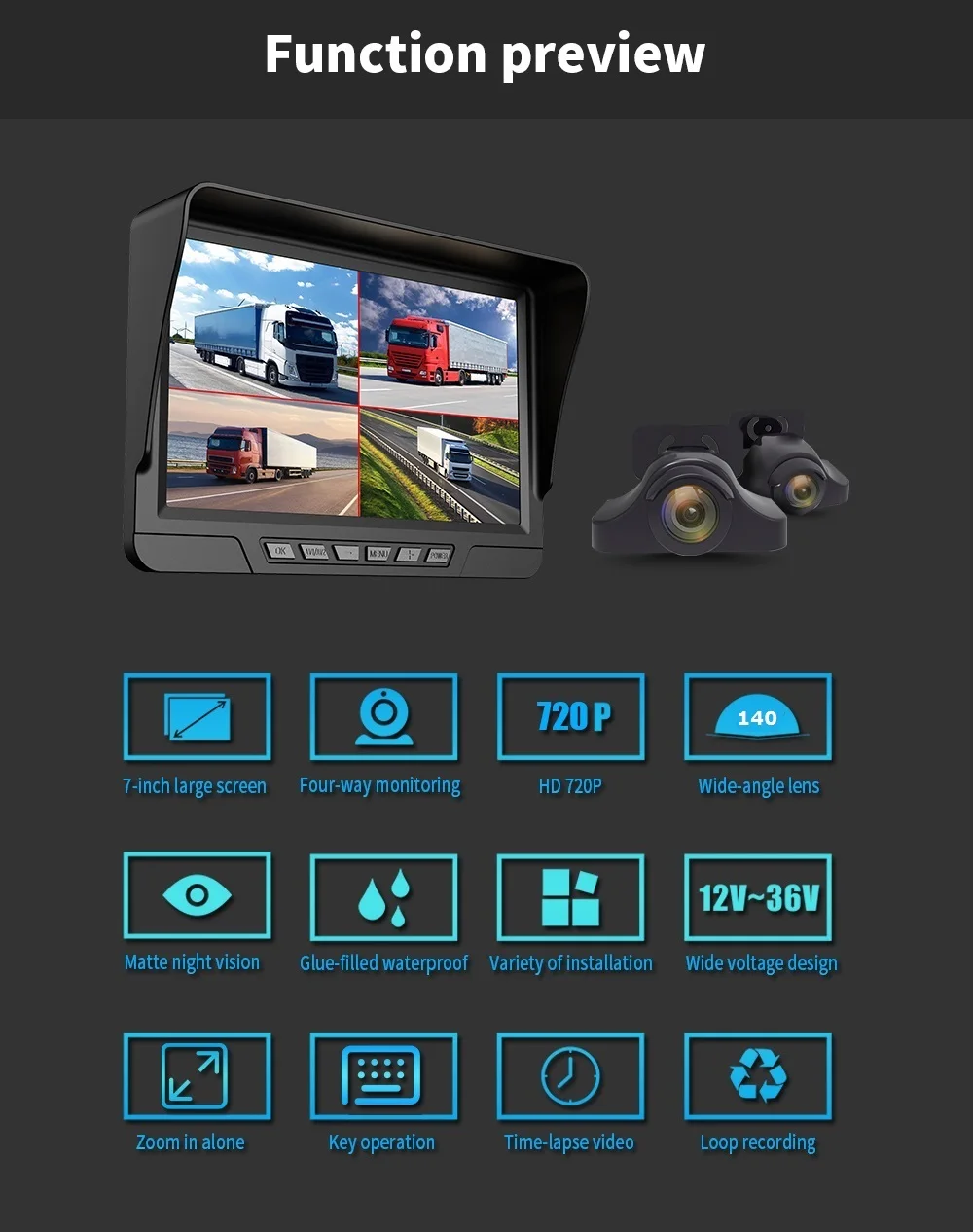 7 дюймов 4CH AHD DVR рекордер автомобильный монитор грузовой автомобиль камера заднего вида с ночным режимом видения Бесплатная доставка Поддержка SD карты запись изображение при движении задним ходом