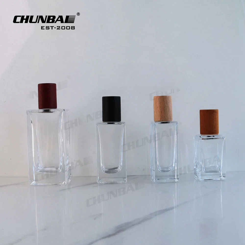 perfume bottle 50ml wooden lid perfume glass bottle pump and cap
