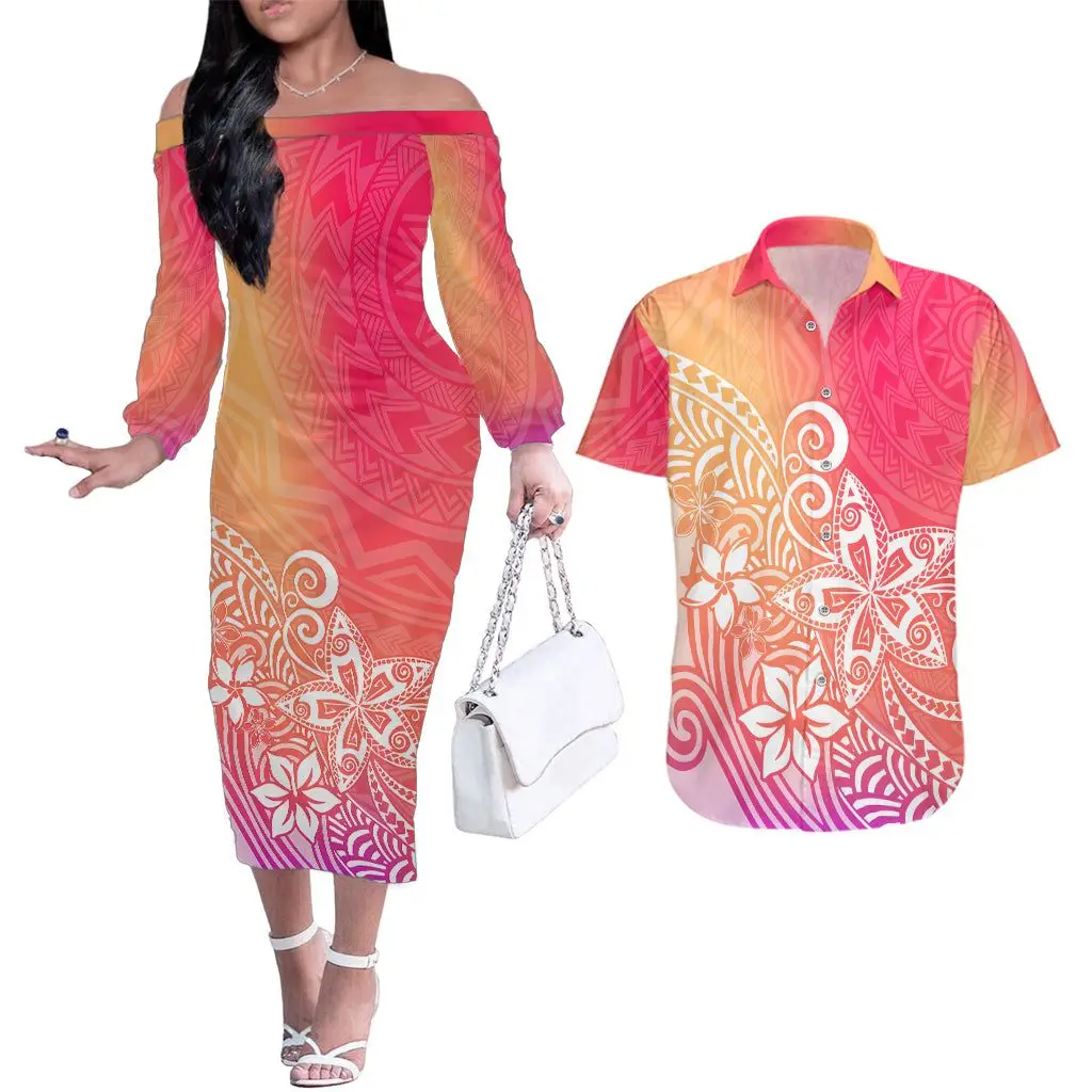 Gradient Polynesia Tattoo Hibiscus Flower Design Fashion Maxi Dress Hawaiian Shirt Suit Puletasi High Quality Tunic Maxi Skirts