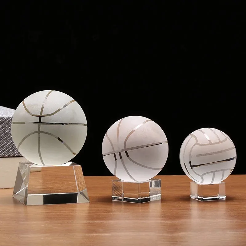 Wholesale Cheap School Sports Game Souvenirs Crystal Football Basketball Cricket Rugby Set Glass Trophy Award Custom