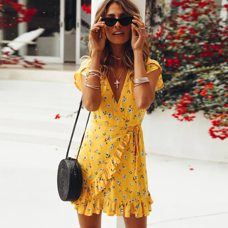 New Fashion Bohemian Style Women Summer Casual Short Sleeve V Neck Bandage Bodycon Yellow Evening Party Print Short Mini Dress