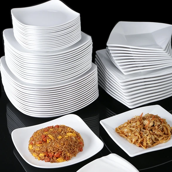Wholesale Kitchen Dinnerware Set Plates Square Dishes Bowls Service Plates White Melamine Tableware