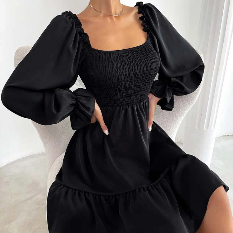 Women Summer Square Neck Shirred Bodice Flounce Sleeve Ruffle Hem Casual Dresses