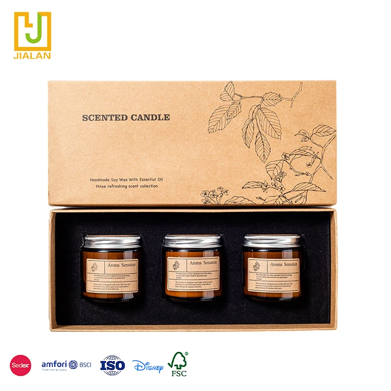 Wholesale custom candle set gift box deluxe 3 sets of glass jar aromatherapy candle box