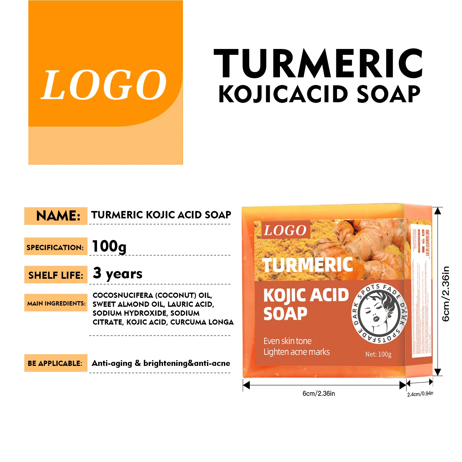 BLIW Private Label Organic Anti-aging Whitening Anti Acne Marks Turmeric Kojic Acid Soap For Bathing And Facial Cleansing