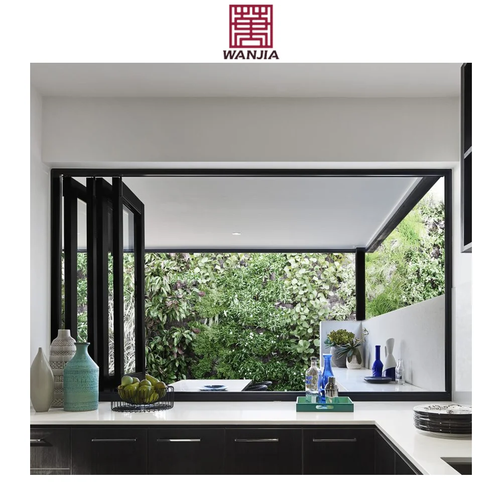 WANJIA Commercial Kitchen Design Folding Glass Windows Aluminum Bi Fold Window