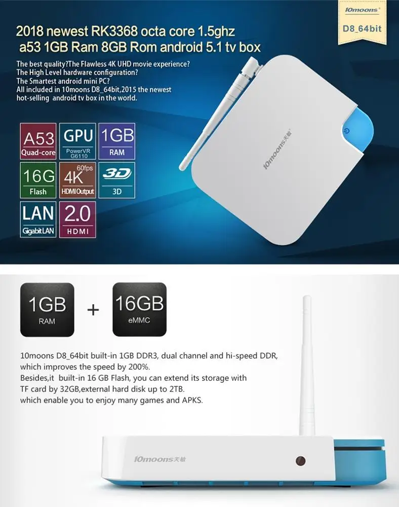 
Smart Android TV Box RK3368 Octa-core 1GB DDR 16GB EMMC BT 4.1 H.265 UHD 4K Media player 