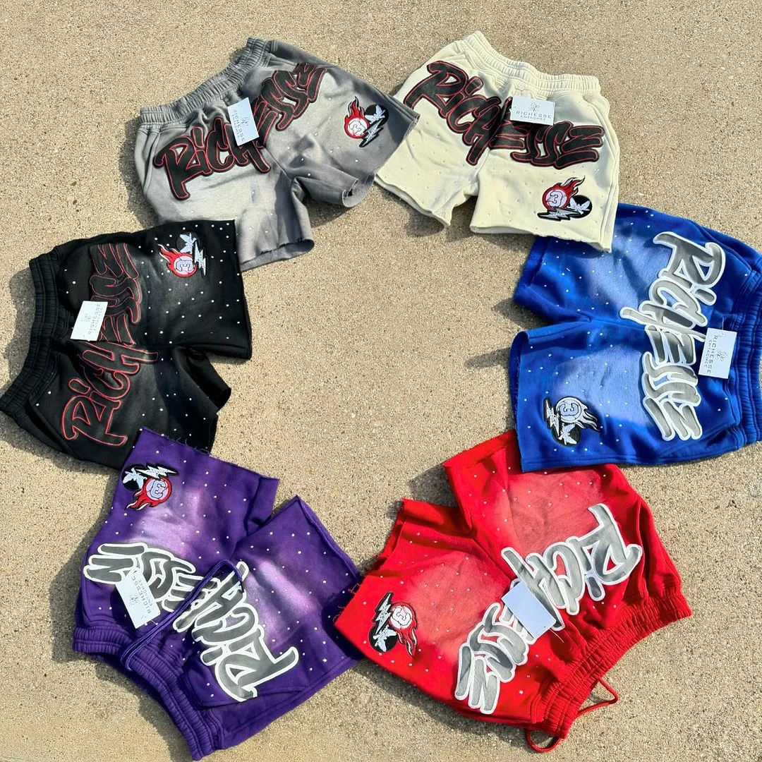 Custom Blank Acid Wash Shorts Distressed Vintage Black  Men French Terry Cotton Puff Printed Acid Wash Shorts