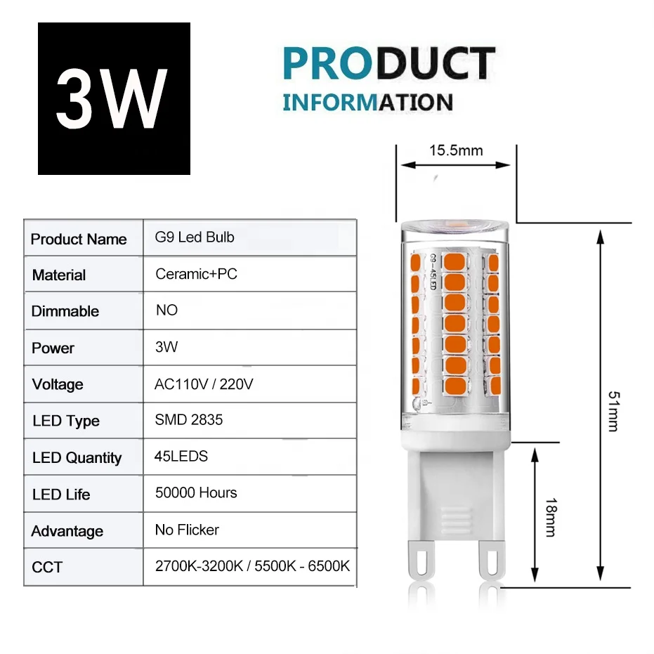 AC110V 220V LED G9 Bulb No Flicker 45LEDS 2835SMD 3W LED Lamp Ceramic Holder Lights Chandelier Lights Lighting