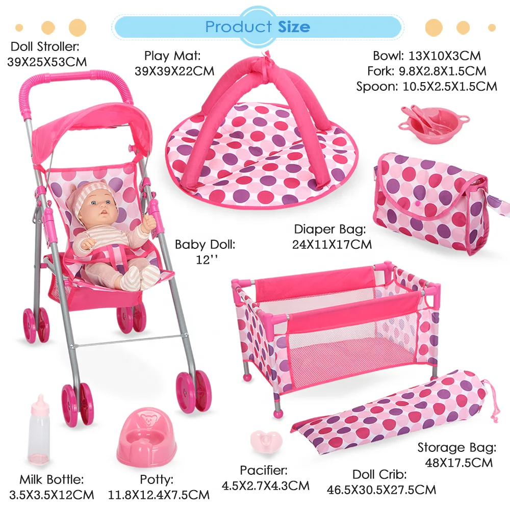 Dollri Starri Hot Sale On Line 12 Pieces Baby Doll Furniture Set For Dolls 12-14' Doll Pack N Play Pink Set with Accessories