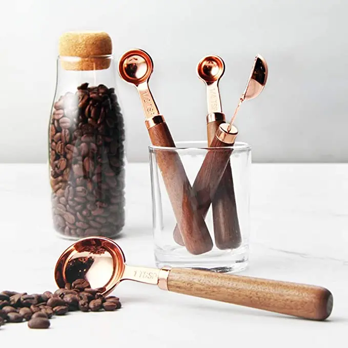 4 pieces wooden handle Coffee stainless steel copper plated measuring spoons With Wooden Handle