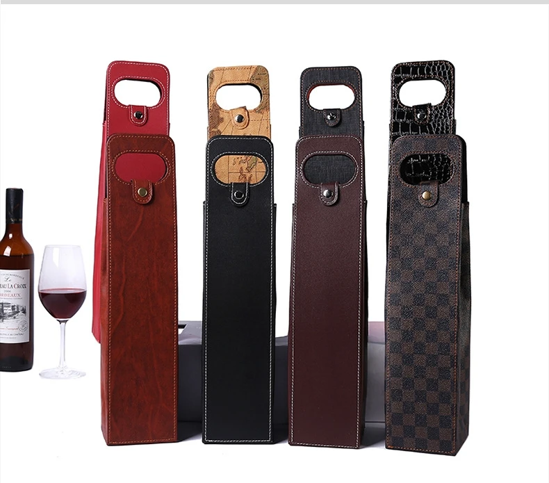 Custom LOGO Luxury Single Double PU Leather Wine Bottle Gift Packaging Bag Wine Tote Bag