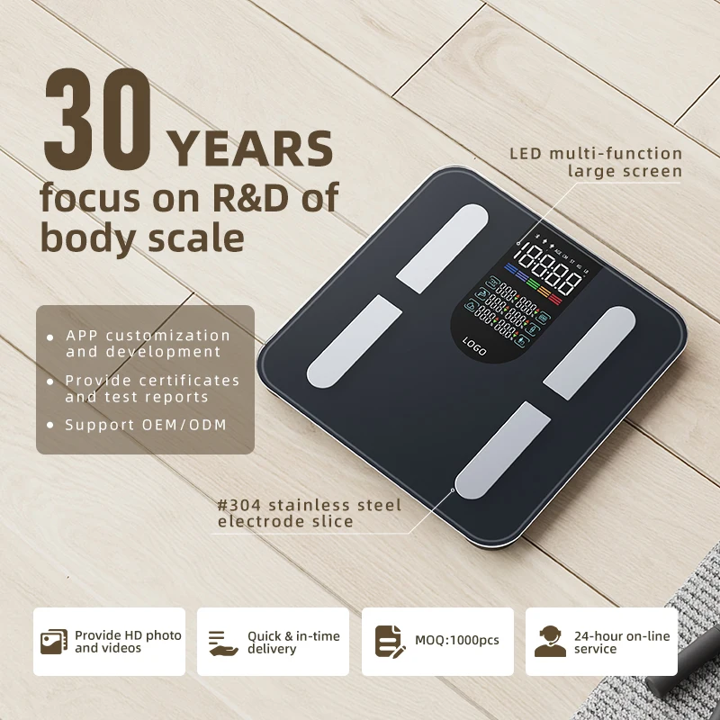 Free OEM ODM High Accurate Sensor Smart Scale Measuring Body BMI Digital Bluetooth Weighing Scale With Ios And Android APP